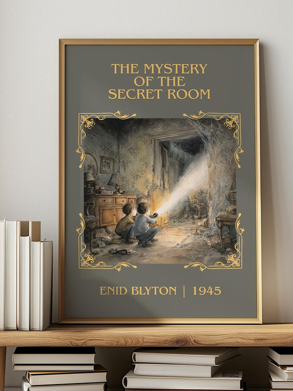 The mystery of the secret room classic book art print in frame leaning in hallway – childrens wall art
