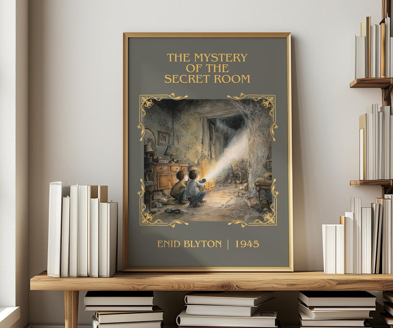 The mystery of the secret room classic book art print in frame leaning in hallway – childrens wall art