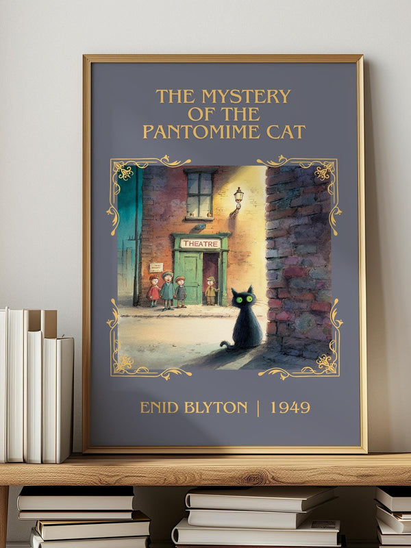 The Mystery of the Pantomime Cat classic book art print in frame leaning in hallway – mystery wall art
