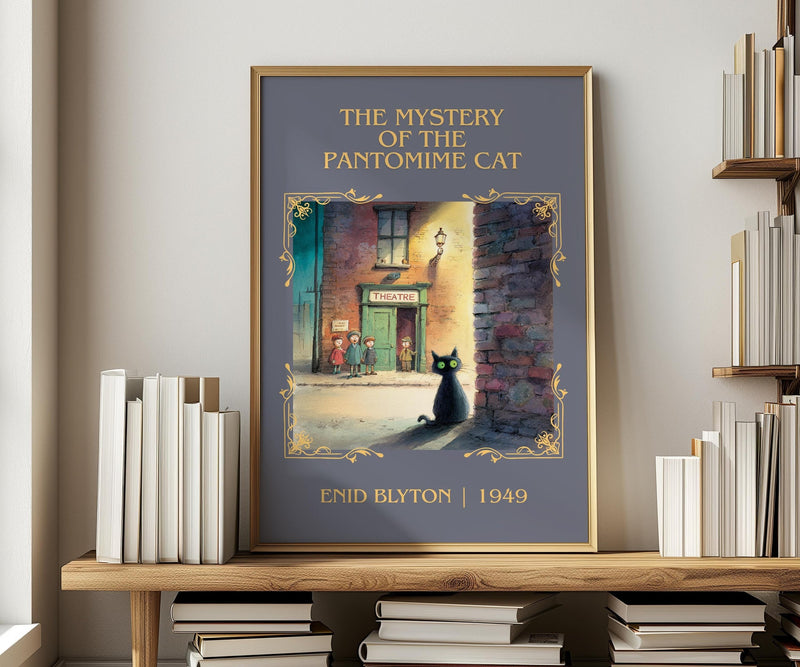 The Mystery of the Pantomime Cat classic book art print in frame leaning in hallway – mystery wall art