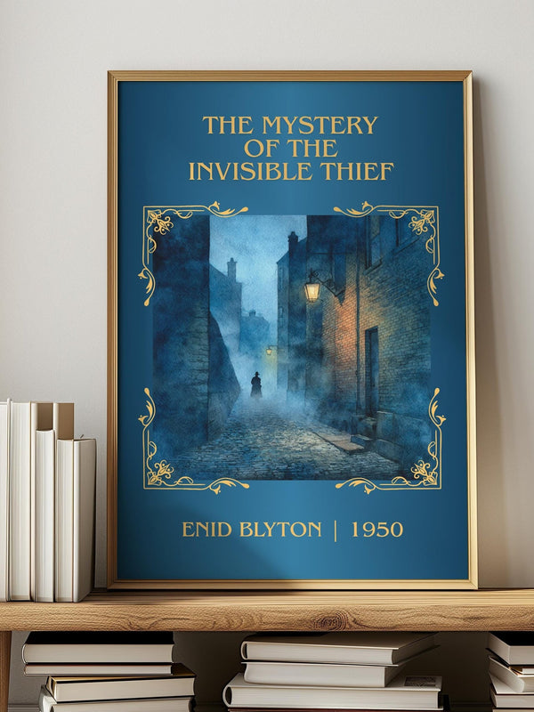 The Mystery of the Invisible Thief classic book art print in frame leaning in hallway – mystery wall art