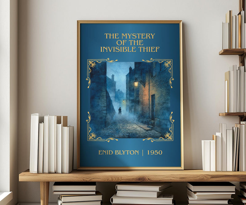 The Mystery of the Invisible Thief classic book art print in frame leaning in hallway – mystery wall art