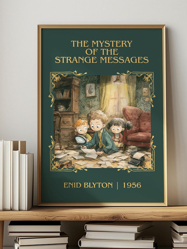 The Mystery of the Strange Messages classic book art print in frame leaning in hallway – childrens wall art
