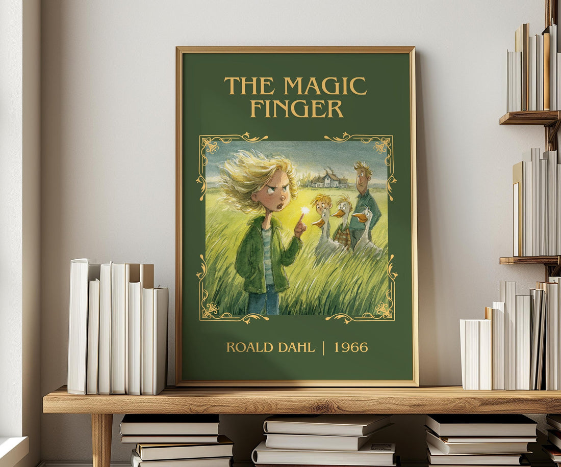 The Magic Finger classic book art print in frame leaning in hallway – childrens wall art (mockup)