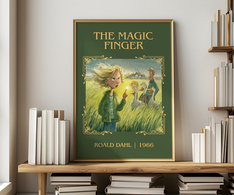 The Magic Finger classic book art print in frame leaning in hallway – childrens wall art