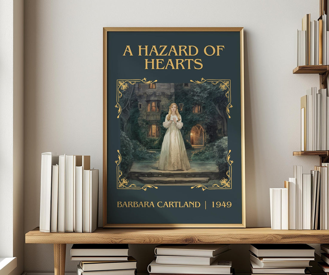 A Hazard of Hearts classic book art print in frame leaning in hallway – romance wall art (mockup)