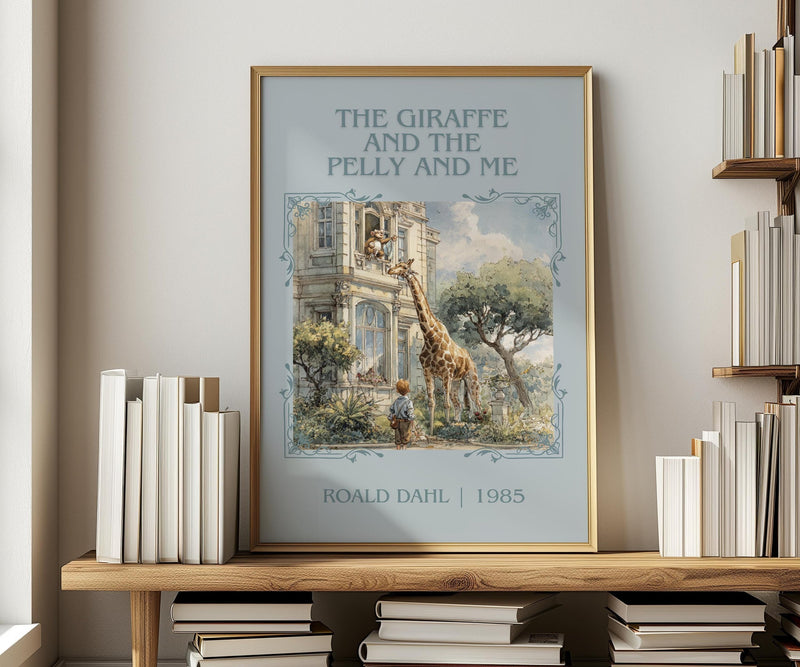 The Giraffe and the Pelly and Me classic book art print in frame leaning in hallway – childrens wall art