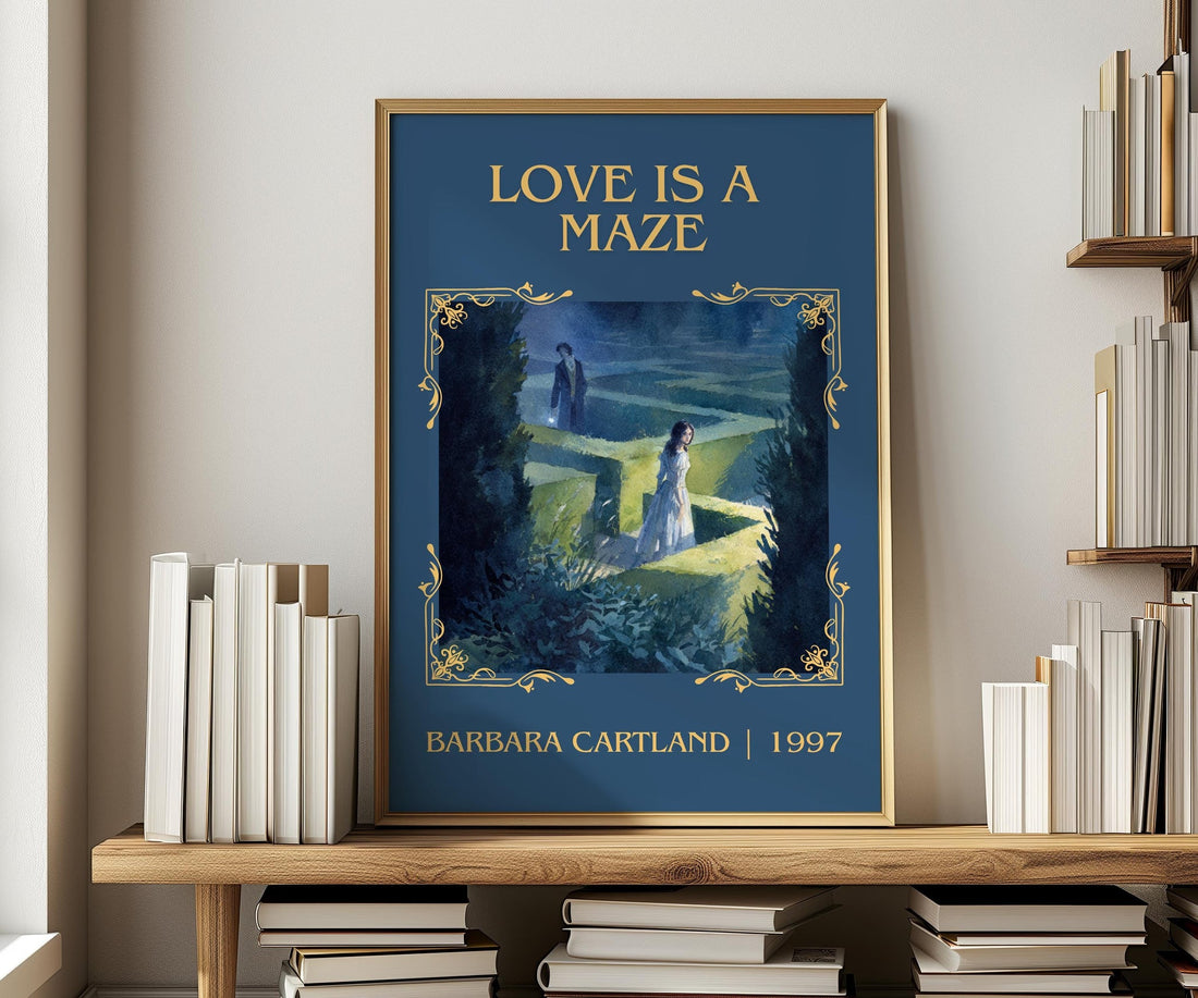 Love Is a Maze classic book art print in frame leaning in hallway – romance wall art (mockup)