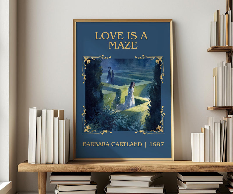 Love Is a Maze classic book art print in frame leaning in hallway – romance wall art