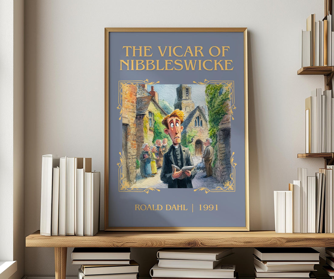 The Vicar of Nibbleswicke classic book art print in frame leaning in hallway – childrens wall art (mockup)