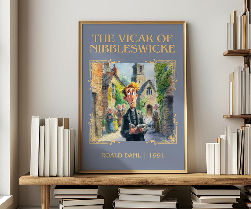 The Vicar of Nibbleswicke classic book art print in frame leaning in hallway – childrens wall art
