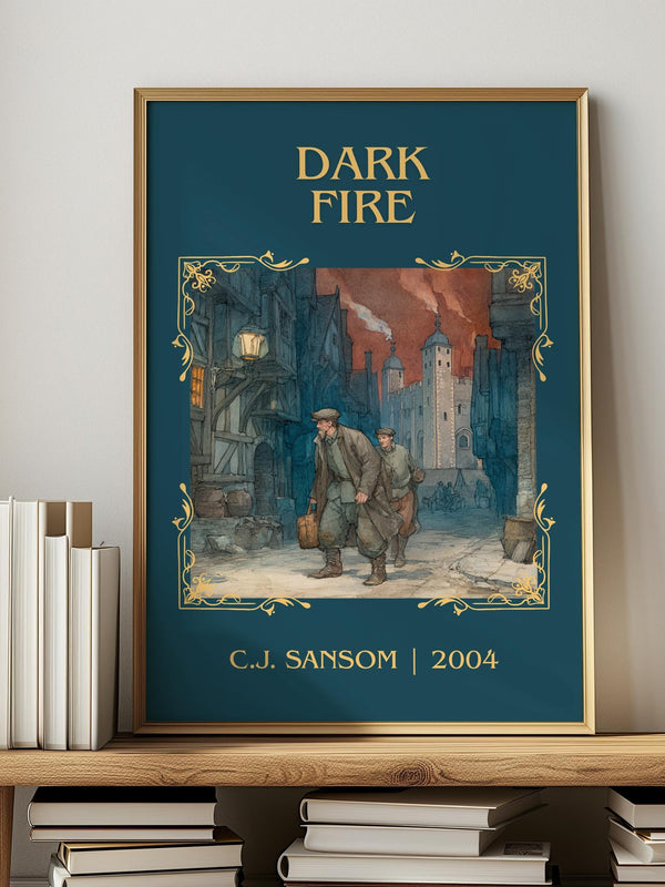 Dark Fire classic book art print in frame leaning in hallway – historical fiction wall art
