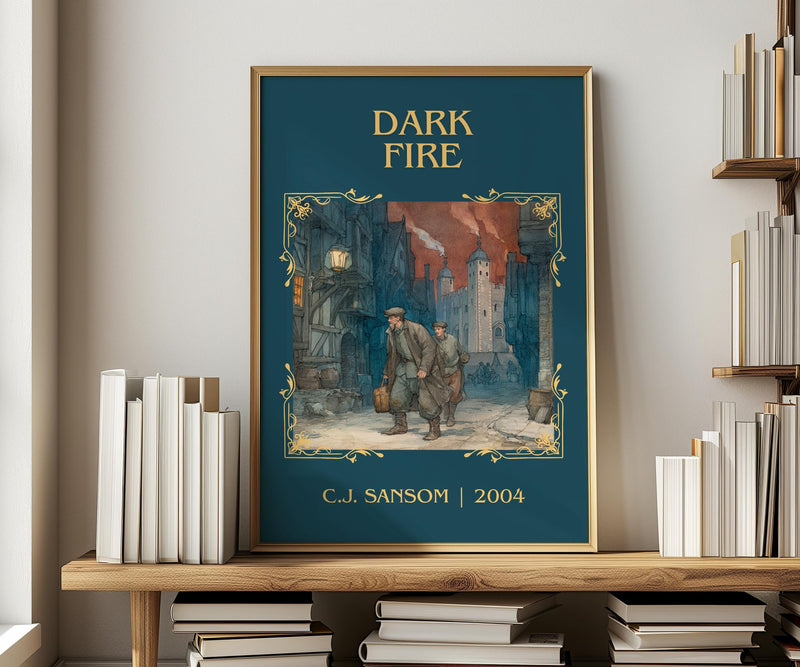 Dark Fire classic book art print in frame leaning in hallway – historical fiction wall art