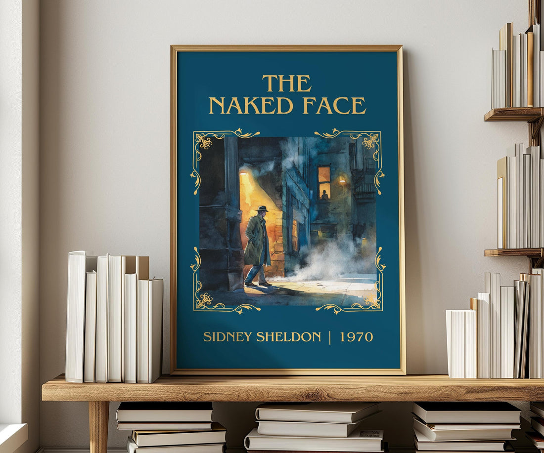 The Naked Face classic book art print in frame leaning in hallway – thriller wall art (mockup)