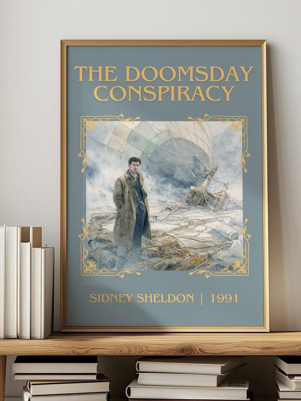 The Doomsday Conspiracy classic book art print in frame leaning in hallway – thriller wall art