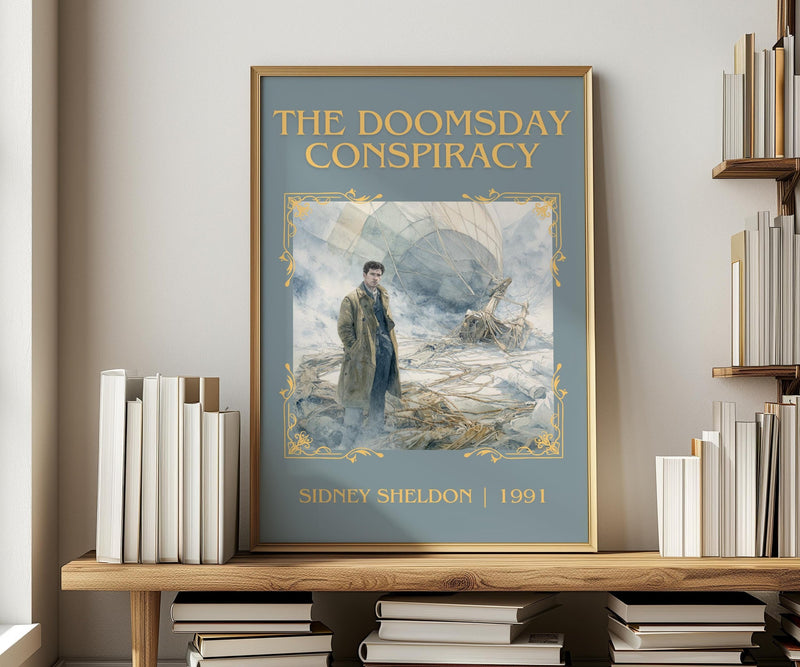 The Doomsday Conspiracy classic book art print in frame leaning in hallway – thriller wall art