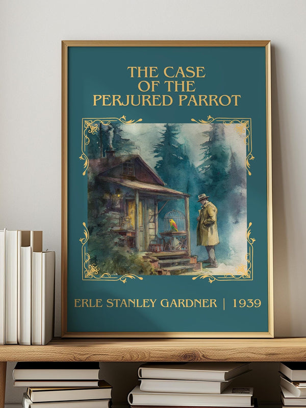 The Case Of The Perjured Parrot classic book art print in frame leaning in hallway – mystery wall art