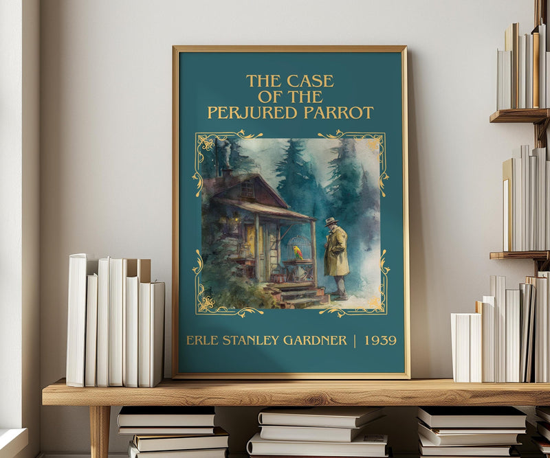 The Case Of The Perjured Parrot classic book art print in frame leaning in hallway – mystery wall art