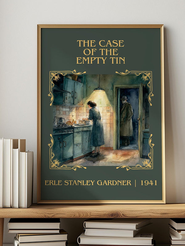 The Case of the Empty Tin classic book art print in frame leaning in hallway – mystery wall art