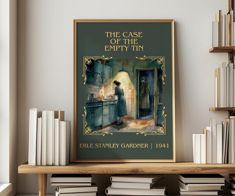 The Case of the Empty Tin classic book art print in frame leaning in hallway – mystery wall art