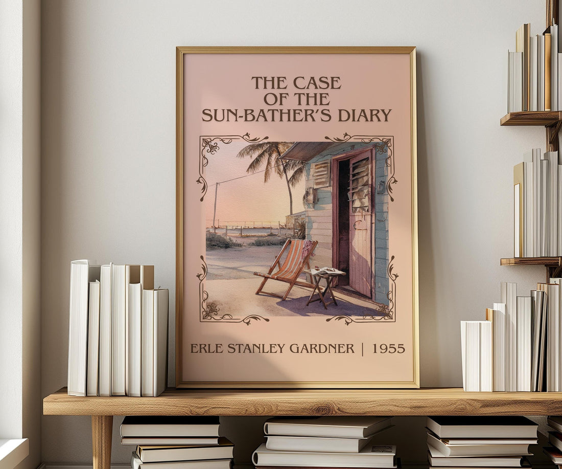 The Case of the Sun Bather's Diary classic book art print in frame leaning in hallway – mystery wall art (mockup)