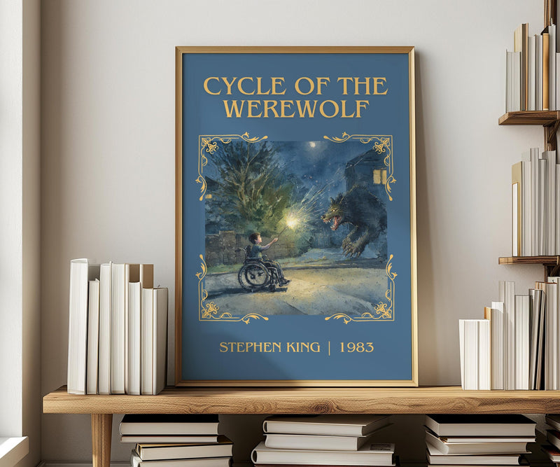 Cycle of the Werewolf classic book art print in frame leaning in hallway – horror wall art