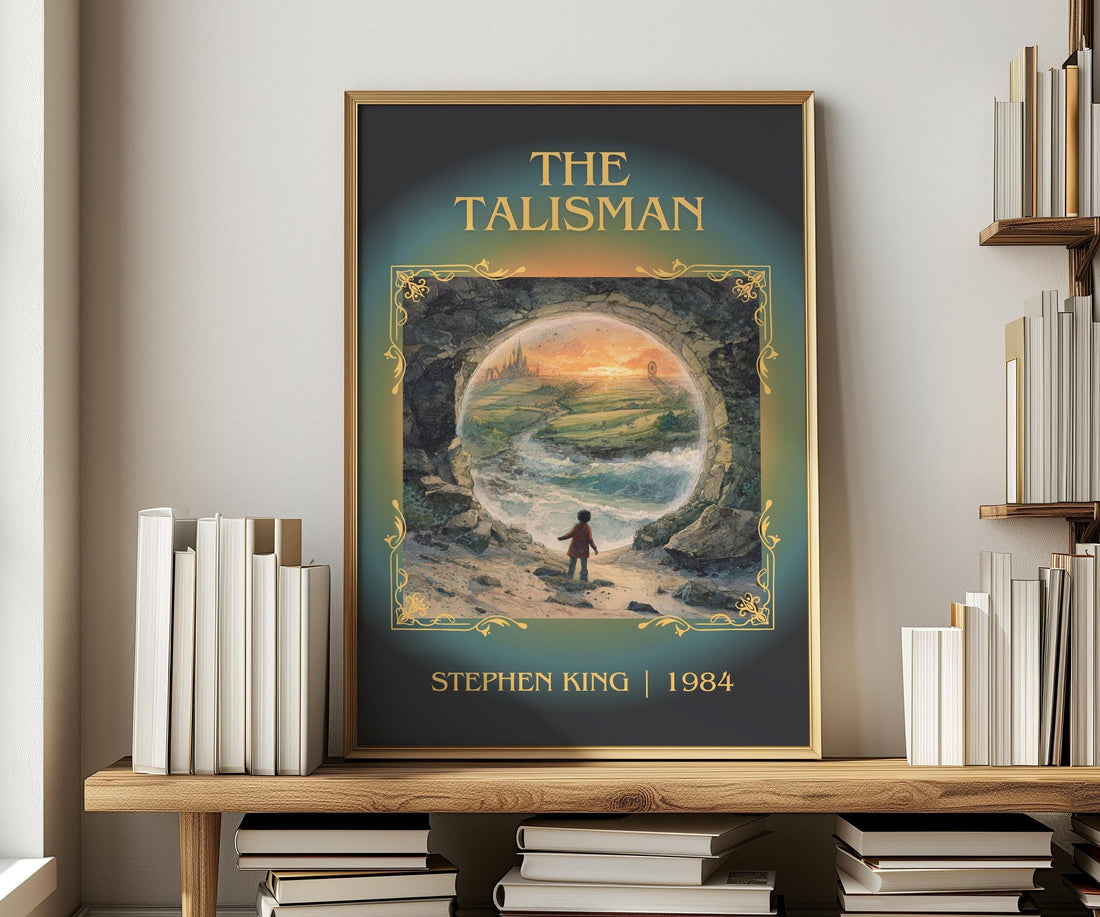 The Talisman classic book art print in frame leaning in hallway – horror wall art (mockup)