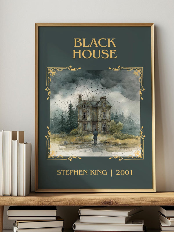 Black House classic book art print in frame leaning in hallway – horror wall art
