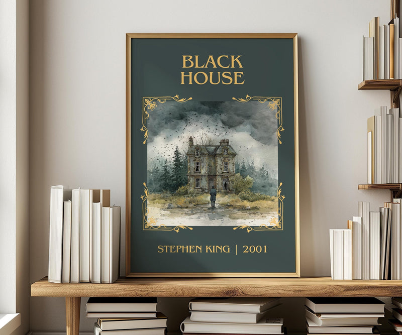 Black House classic book art print in frame leaning in hallway – horror wall art