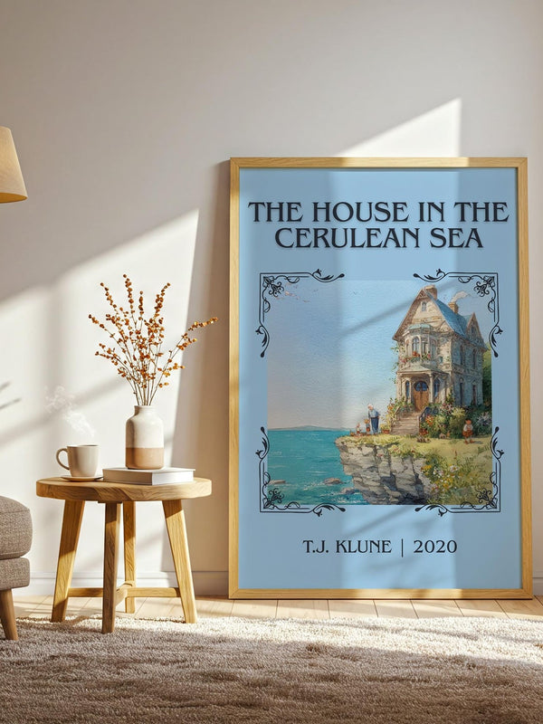 The House in the Cerulean Sea classic book art print in frame leaning in hallway – satire wall art