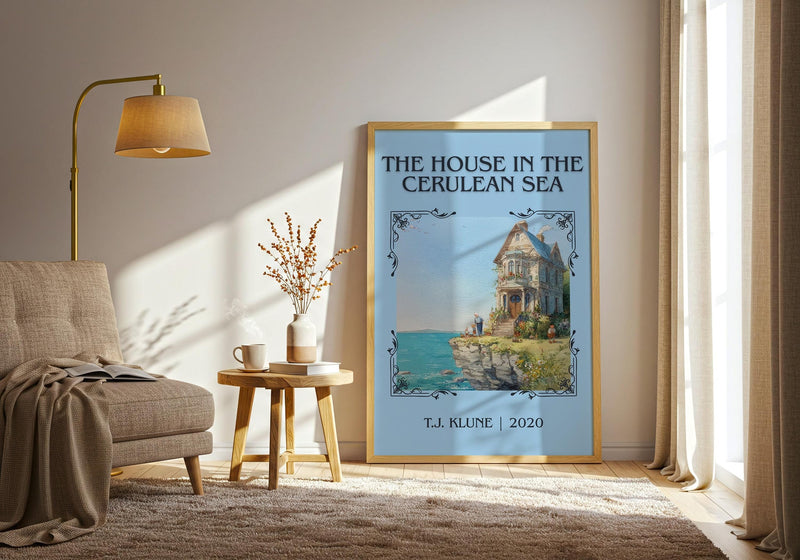The House in the Cerulean Sea classic book art print in frame leaning in hallway – satire wall art