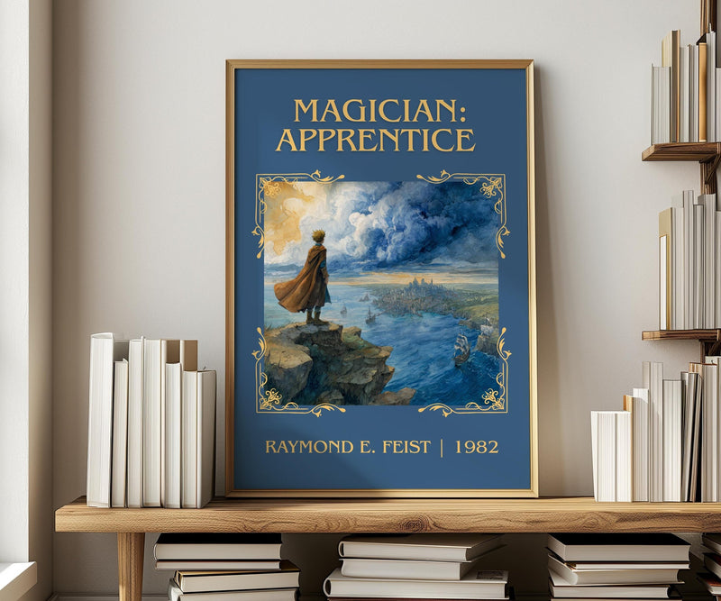 Magician: Apprentice classic book art print in frame leaning in hallway – fantasy wall art