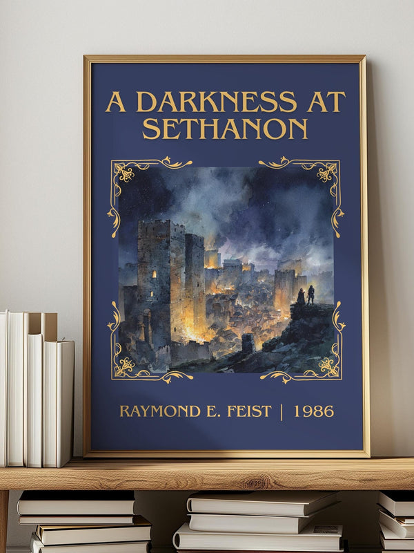 A Darkness at Sethanon classic book art print in frame leaning in hallway – fantasy wall art