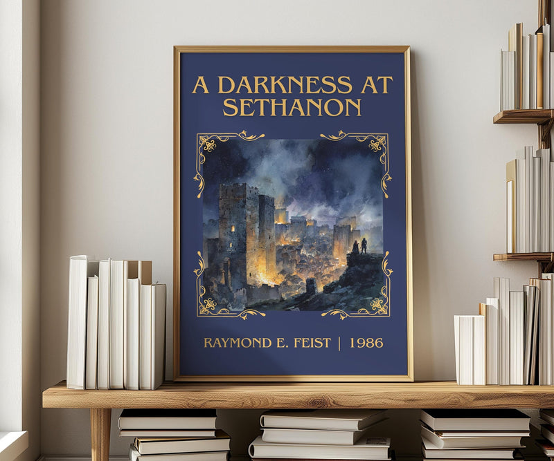 A Darkness at Sethanon classic book art print in frame leaning in hallway – fantasy wall art
