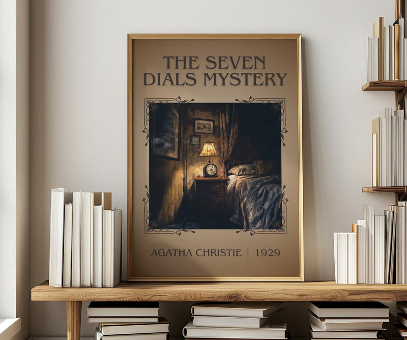 The Seven Dials Mystery classic book art print in frame leaning in hallway – mystery wall art