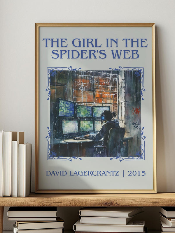 The Girl In The Spider's Web classic book art print in frame leaning in hallway – thriller wall art