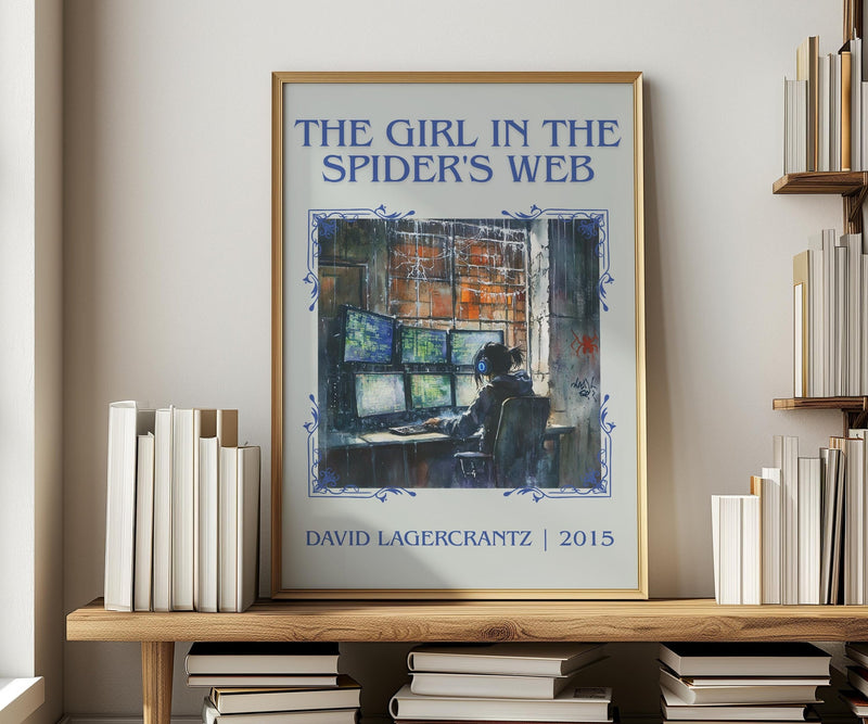 The Girl In The Spider's Web classic book art print in frame leaning in hallway – thriller wall art