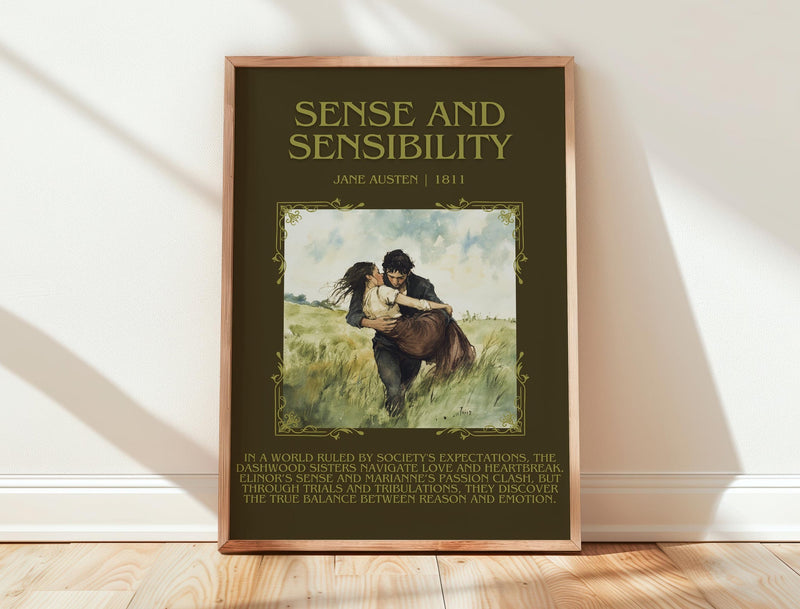 Sense and Sensibility minimalist print in frame leaning in hallway – classic literature wall art