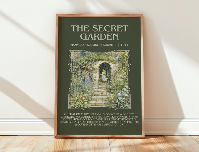 The Secret Garden minimalist print in frame leaning in hallway – childrens wall art