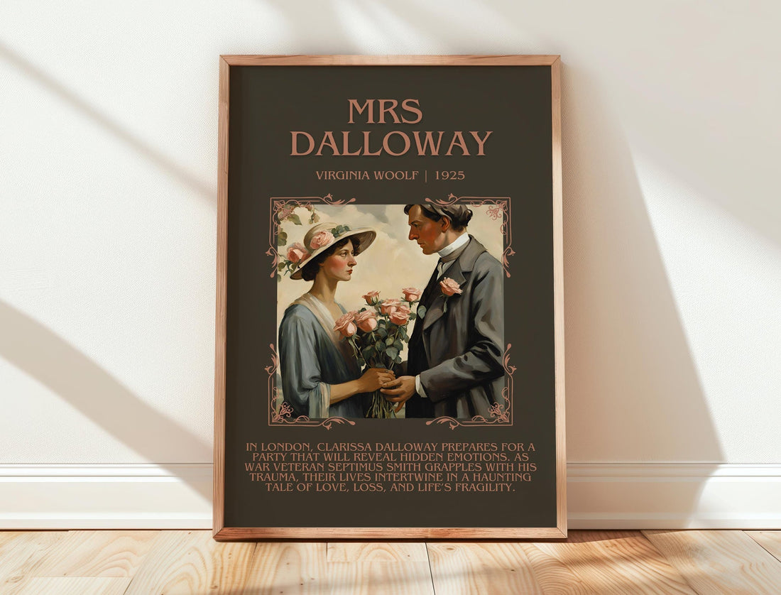 Mrs Dalloway minimalist print in frame leaning in hallway – literary fiction wall art (mockup)