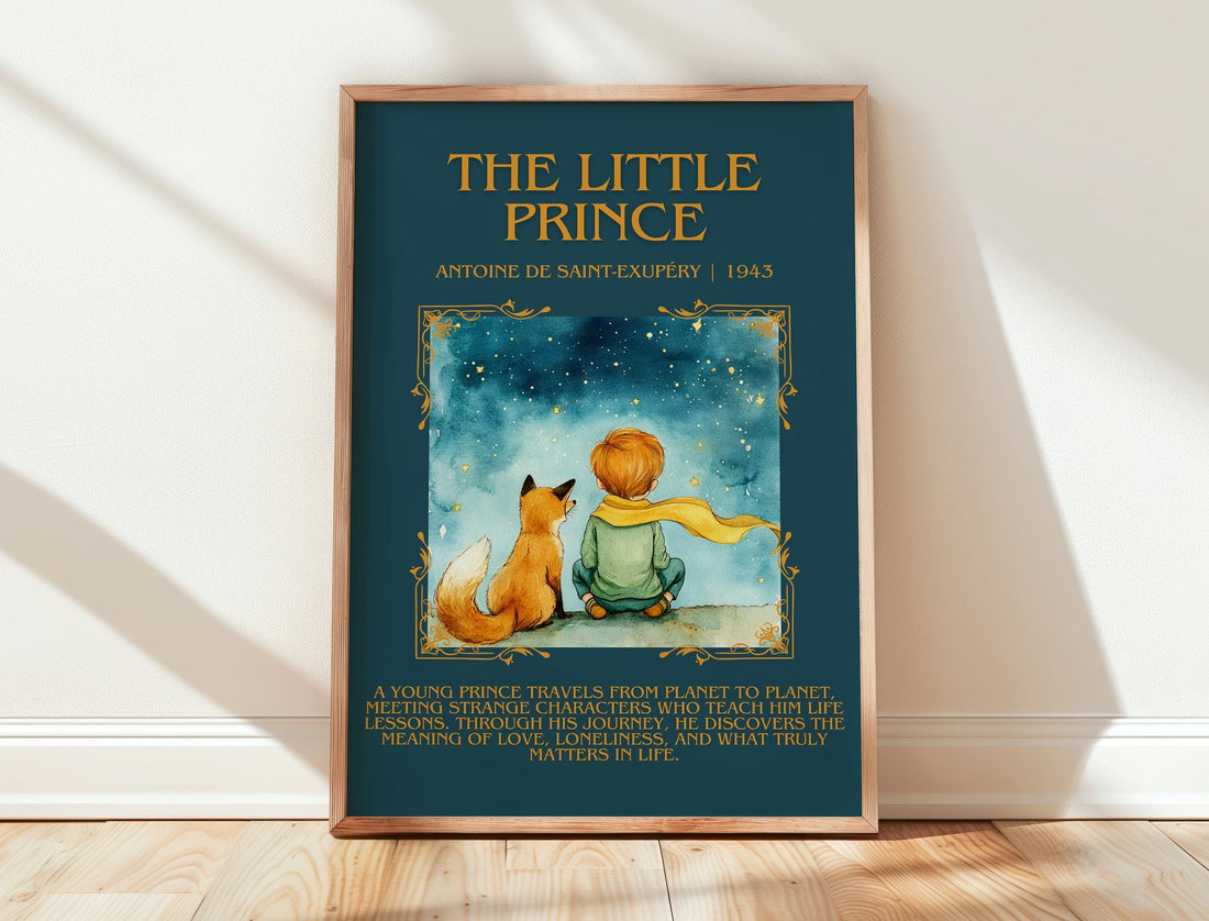 The Little Prince minimalist print in frame leaning in hallway – childrens wall art (mockup)