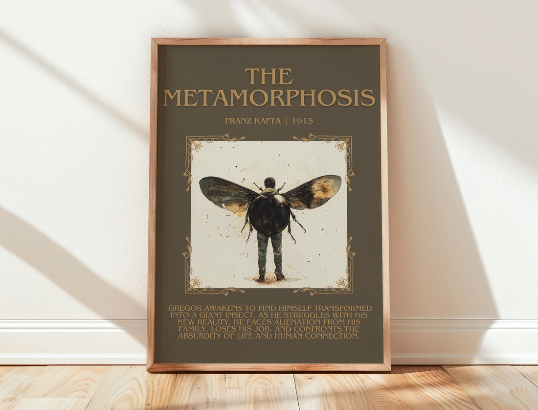 Metamorphosis minimalist print in frame leaning in hallway – literary fiction wall art (mockup)