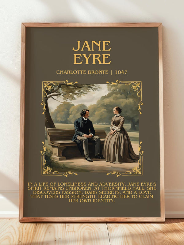 Jane Eyre minimalist print in frame leaning in hallway – classic literature wall art