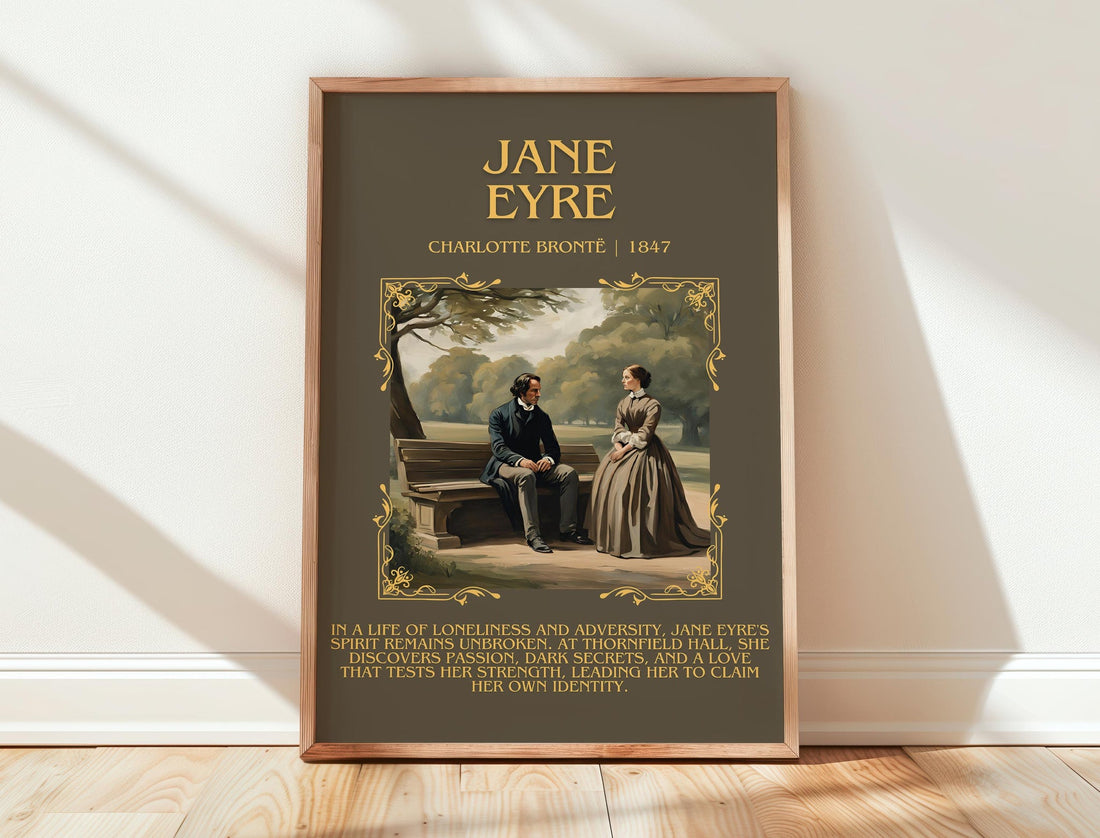 Jane Eyre minimalist print in frame leaning in hallway – classic literature wall art (mockup)