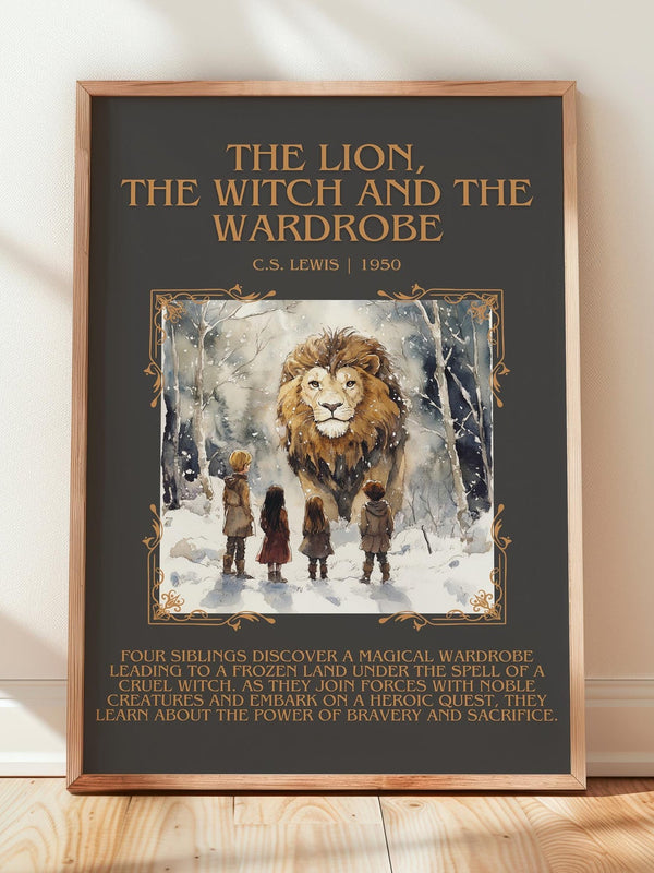 The Lion, the Witch and the Wardrobe minimalist print in frame leaning in hallway – fantasy wall art