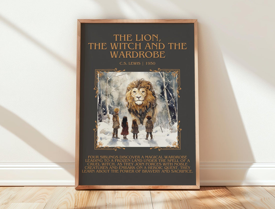 The Lion, the Witch and the Wardrobe minimalist print in frame leaning in hallway – fantasy wall art (mockup)