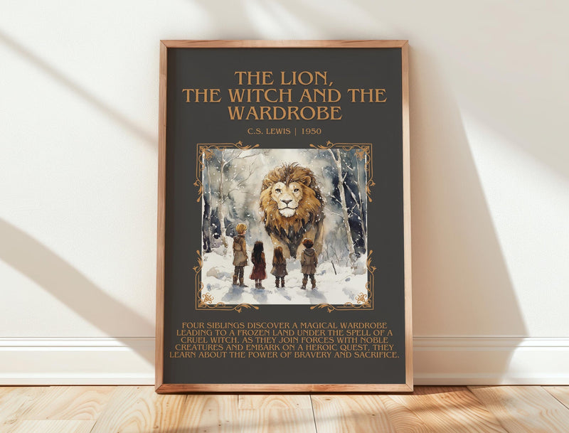 The Lion, the Witch and the Wardrobe minimalist print in frame leaning in hallway – fantasy wall art
