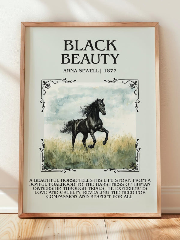 Black Beauty minimalist print in frame leaning in hallway – classic literature wall art