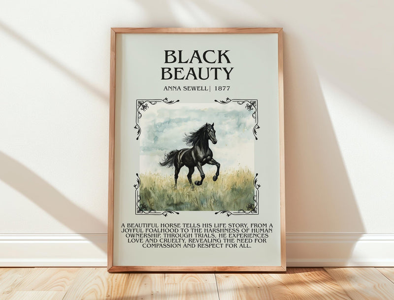 Black Beauty minimalist print in frame leaning in hallway – classic literature wall art