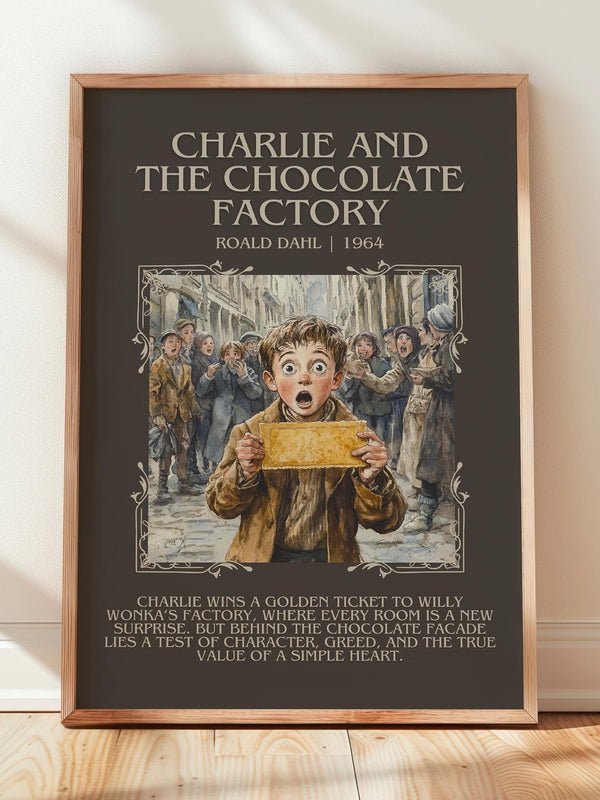 Charlie and the Chocolate Factory minimalist print in frame leaning in hallway – childrens wall art